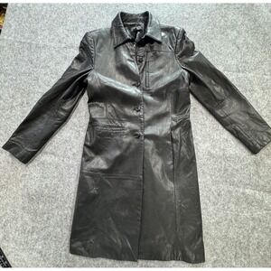 Classiques Entier Leather Coat Womens‎ XS Black Button Front Long Trench Coat